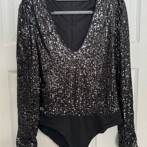 Black Sequin Long Sleeve Bodysuit